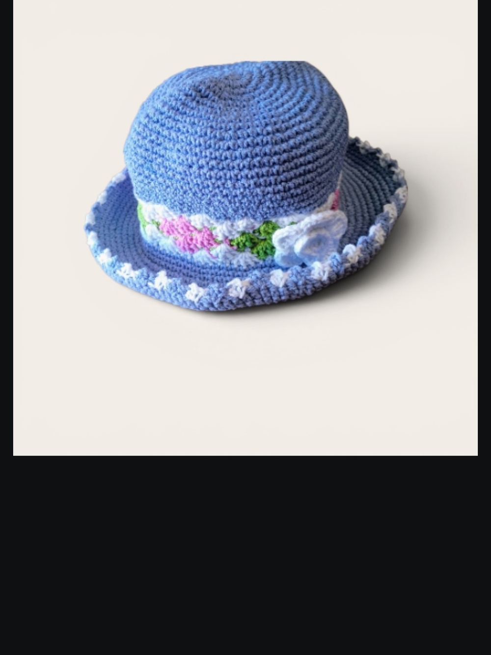 Hand-Crocheted Kids Sun Hat in Light Blue with Floral Trim